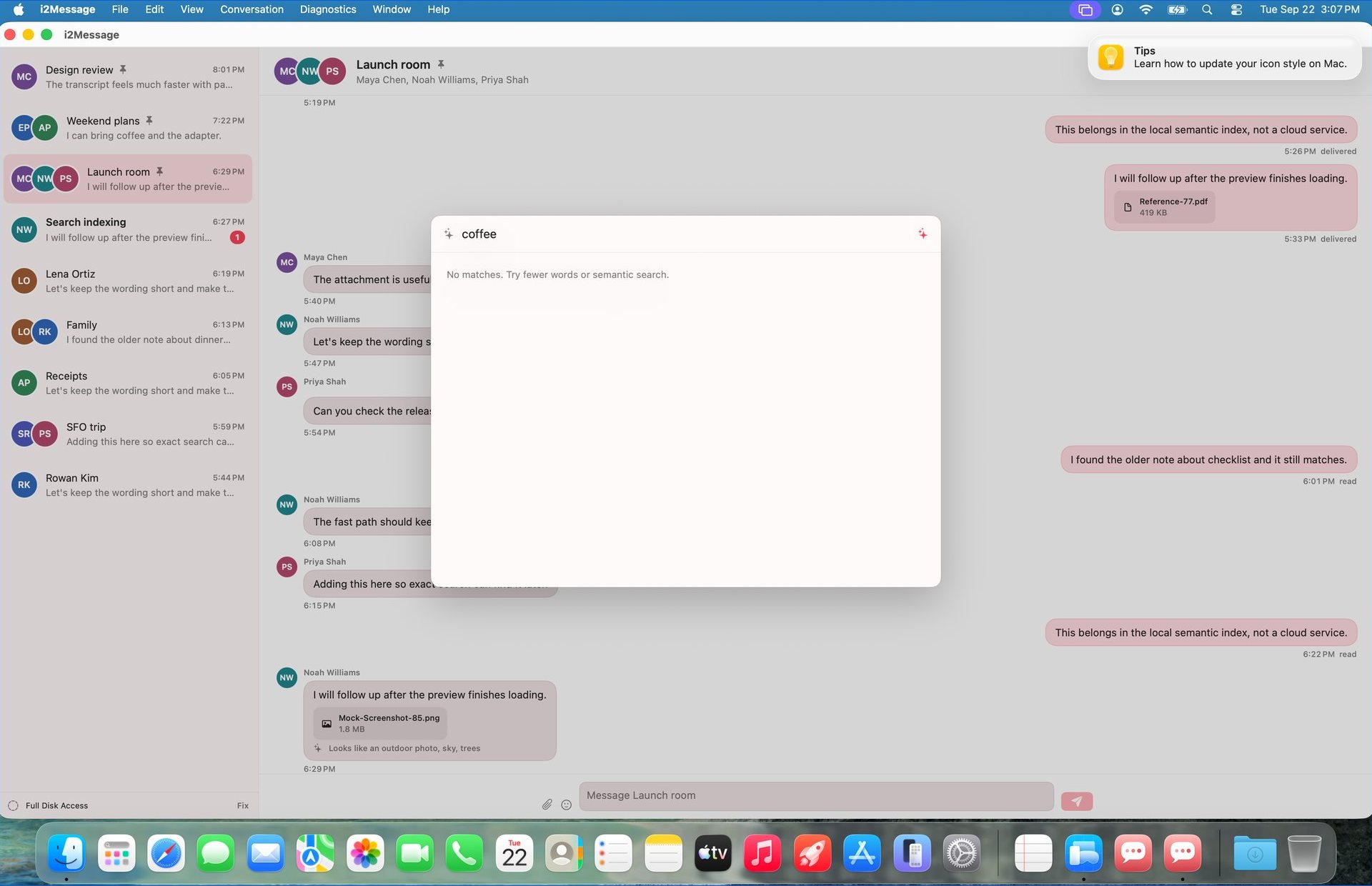 The computeruse account's own desktop: i2Message open with a search for coffee, the Dock along the bottom. None of this was on the console user's screen.